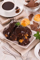 Chocolate profiteroles.