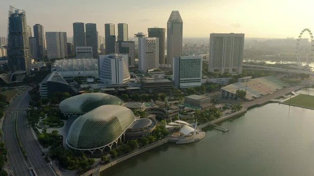 Drone Aerial view 4k Footage of bay area in Downtown Singapore. Esplanade Theatre.	