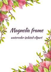 square frame of watercolor isolated magnolia, wedding design, scrapbooking