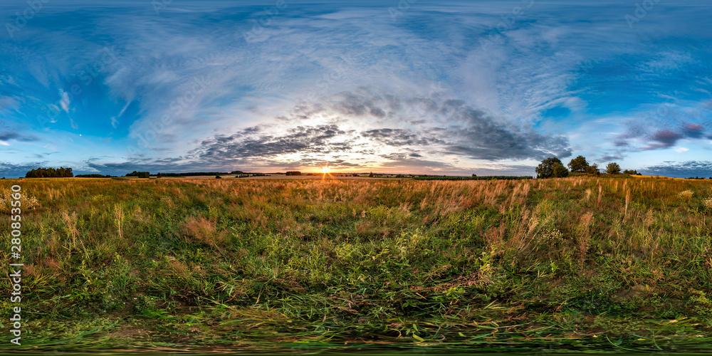 Wall mural full seamless spherical hdri panorama 360 degrees angle view among fields in summer evening sunset w