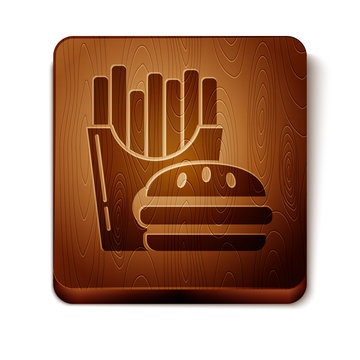 Brown Burger And French Fries In Carton Package Box Icon Isolated On White Background. Hamburger, Burger, Cheeseburger Sandwich. Fast Food Menu. Wooden Square Button. Vector Illustration