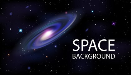 Naklejka premium Vector poster of Cosmic Galaxy, shining stars on night sky background. Space horizontal background. Colorful galaxy with nebula, planets and star. Futuristic science backdrop with copy space, headline