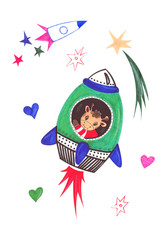 Illustration of color watercolor animal character giraffe travels on a rocket vehicle on a white isolated background.