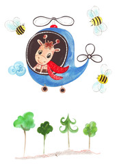 Illustration of color watercolor animal character giraffe travels in a helicopter vehicle on a white isolated background.