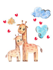 Illustration of color watercolor animal character giraffe mom and son together among palm trees on a white isolated background.