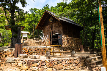 Naklejka premium Vintage wooden church of St. Petka in Serbia by the Devil Town (Djavolja Varos)
