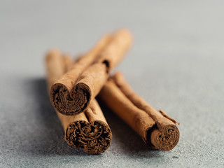 ceylon cinnamon sticks on gray stone background. True cinnamon sticks or ceylon cinnamon with copy space for text or design