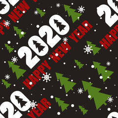 Seamless pattern with 2020, christmas fir trees. Decorative backdrop vector. Hand drawn overlapping background, english text. Happy New Year, print. Colorful wallpaper, good for printing. Winter