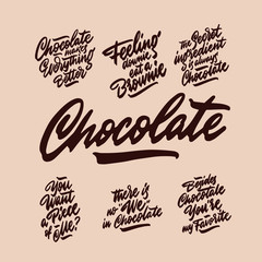 Chocolate collections. Isolated sweets quote colorful hand draw lettering text in chocolate brown colors. Candy shop, cafe wall design. Poster, print, card, smm design.