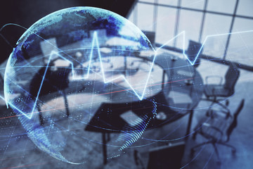 Double exposure of stock market graph with globe hologram on conference room background. Concept of international finance