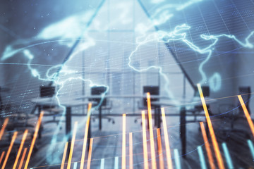 Double exposure of stock market graph with globe hologram on conference room background. Concept of international finance