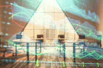 Double exposure of forex chart on conference room background. Concept of stock market analysis
