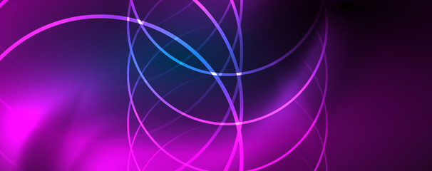Trendy neon blue abstract design with waves and circles. Neon light glowing effect. Abstract digital background.