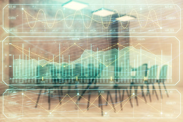 Multi exposure of stock market graph on conference room background. Concept of financial analysis