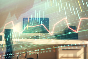 Stock market chart and desktop office computer background. Multi exposure. Concept of financial analysis.