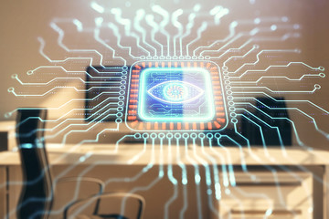 Technology theme hologram and desktop office computer background. Double exposure. Concept of high technology