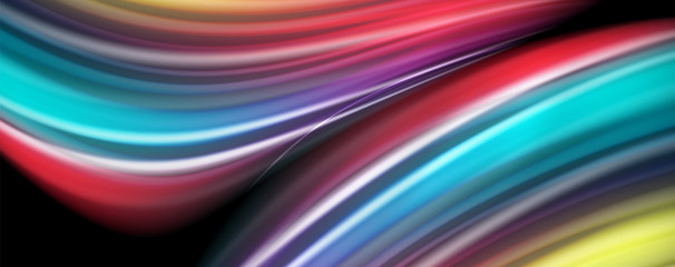 Abstract wave lines fluid rainbow style color stripes on black background. Artistic illustration for presentation, app wallpaper, banner or poster