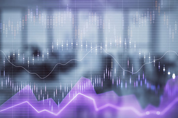 Stock and bond market graph with trading desk bank office interior on background. Multi exposure. Concept of financial analysis