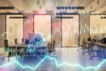 Stock market chart with trading desk bank office interior on background. Double exposure. Concept of financial analysis