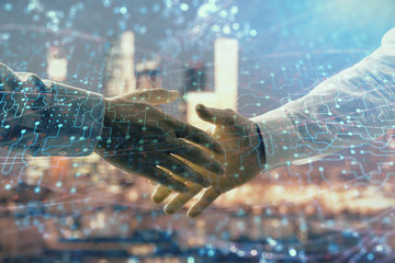 Double exposure of abstract technology drawing on cityscape background with two businessmen handshake. Concept of tech role in business