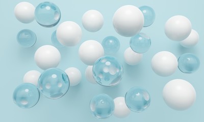 Geometric abstract background with blue and white balls. 3d rendering