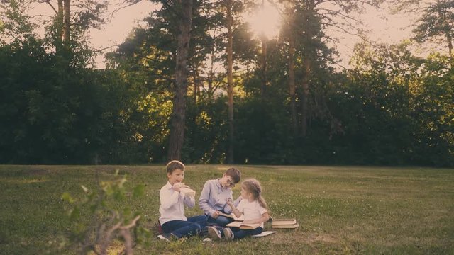 young pupils sit on green meadow surrounded by different books and paper sheets against green trees hiding sun