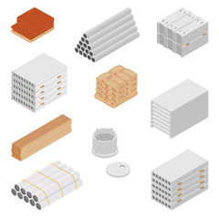 Building and construction materials vector icon set isometric view isolated on white background.