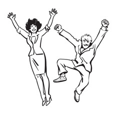 Happy couple jumping and having fun. Woman and man jump, dance and fool around. Employees celebrate their success. Hand drawn vector illustration in sketch style on white background.