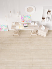 Creative workshop room: desk with art and design objects. Original 3d rendering model, original interior project