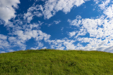 Obraz premium A beautiful summer hill landscape scene. The hill is covered in lush green grass topped with a bright blue sky and a scattering of fluffy brilliant white cumulus clouds.