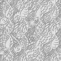 Light seamless pattern of paper twisted leaves and spirals in papercut style