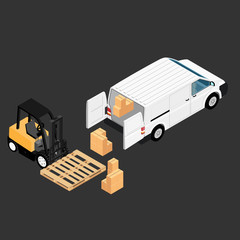 Forklift loading cardboard boxes in white minivan cargo delivery  isolated on white background isometric view