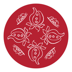 Vector frame. Beautiful floral round pattern in chinese style. Imitation of chinese porcelain painting. Red watercolor background. Hand drawing.