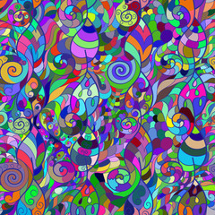 Fractal volumetric vector seamless pattern. Stylized leaves and spirals. Seamless hypnotic illusion in bright colors