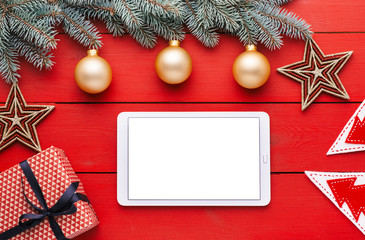 Beautiful celebratory Christmas background. New Year's holidays. Christmas holidays. Beautiful Christmas decorations on the wooden background. Loft style. Mockup