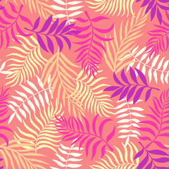 Tropical background with palm leaves. Seamless floral pattern. Summer vector illustration. Flat jungle print