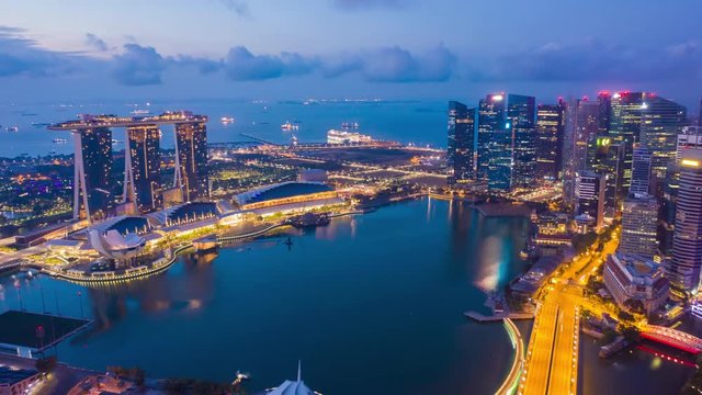 aerial view hyperlapse 4k video of the Marina Bay Sands in Singapore City Skyline.