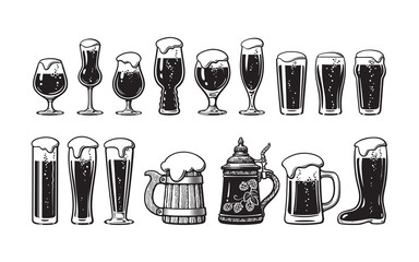 Beer glassware set. Various types of beer glasses and mugs. Hand drawn vector illustration on white background.
