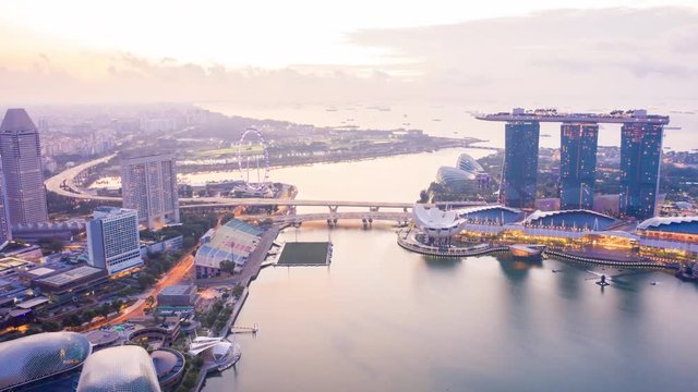 aerial view hyperlapse 4k video of the Marina Bay Sands in Singapore City Skyline.