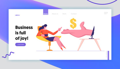 Woman Earn Money in Internet Website Landing Page, Hand Giving Golden Dollar to Businesswoman Sitting at Computer Screen, Freelance, Online Job, Web Page. Cartoon Flat Vector Illustration, Banner