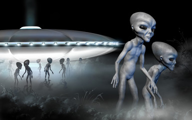 Flying saucer and two grey realistic alien in space. 3D characters. Digital illustration. Digital art.