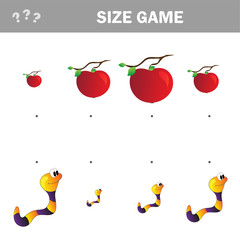 Matching children educational game. Match of cartoon worm and apple to size. Activity for pre school years kids and toddlers.