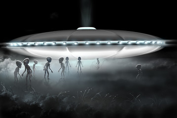 Flying saucer and grey realistic alien in space. 3D characters. Digital illustration. Digital art.