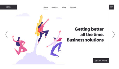 Great Start, Career Boost, Fast Business Growth Website Landing Page, Cheerful Colleagues See Off Businessman Flying Off with Jet Pack on Back. Web Page. Cartoon Flat Vector Illustration, Banner