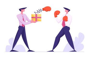 Unfair Fight, Businessman Fighting with Man Hold Box with Pop Up Boxing Glove on Spring, Manager Characters Combat, Business People Competition, Challenge, Leadership, Cartoon Flat Vector Illustration