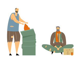 Homeless Adult People Begging Money and Need Help, Male Characters Living on Street, Man in Dirty and Ragged Clothes Lost Work, Bagger Warming at Fire in Metal Barrel, Cartoon Flat Vector Illustration