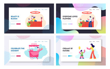 Fototapeta na wymiar Flower Shop, Ice Cream Stall, Mother with Son Sparetime Website Landing Page Set, Man Buy Bouquet in Store, Saleswoman in Kiosk, Happy Family Leisure Web Page. Cartoon Flat Vector Illustration, Banner