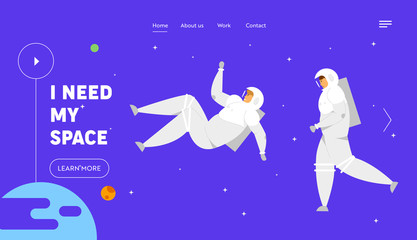 Interstellar Journey Website Landing Page, Astronauts in Space Suits Fly in Outer Space Background, Cosmonauts in Charge of Maintenance, Exploration Web Page. Cartoon Flat Vector Illustration, Banner
