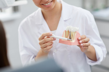 Closeup of smiling female dentist holding tooth model while consulting patient in clinic, copy space