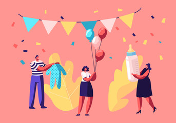 Baby Shower Event, Tiny Characters Holding Gifts for Newborn Baby in Decorated Festive Room, Presents for Pregnant Woman, Happy People Celebration Child Birthday, Cartoon Flat Vector Illustration